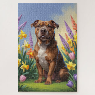 American Staffordshire Dog Spring Flowers Malerei Puzzle