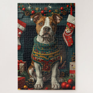 American Staffordshire Hund mit Weihnachtsgeschenk Puzzle