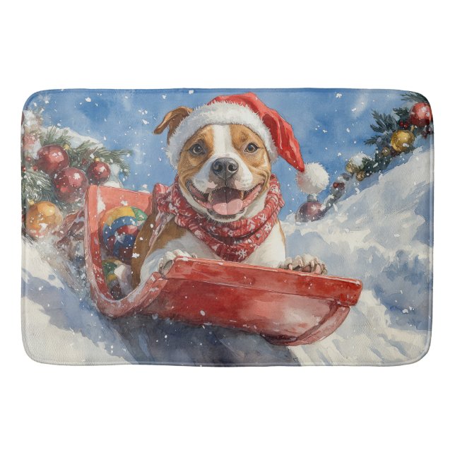 American Staffordshire in Sledge Christmas Badematte (Vorderseite)