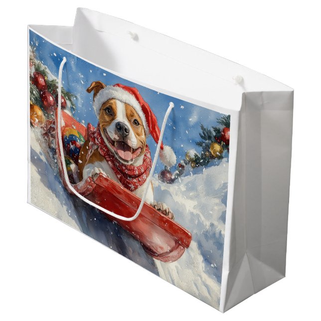 American Staffordshire in Sledge Christmas Große Geschenktüte (Vorderseite Schrägansicht)