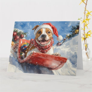 American Staffordshire in Sledge Christmas Karte