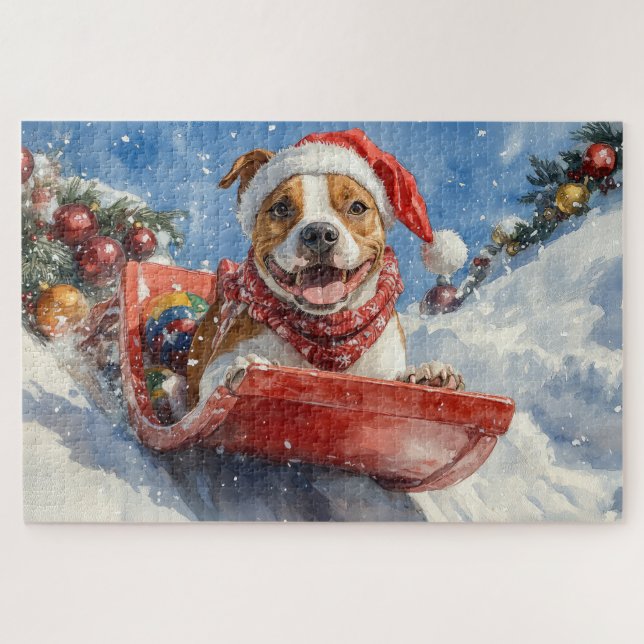 American Staffordshire in Sledge Christmas Puzzle (Horizontal)