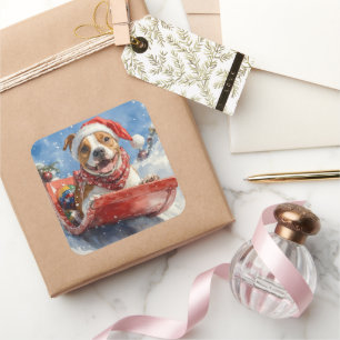 American Staffordshire in Sledge Christmas Quadratischer Aufkleber