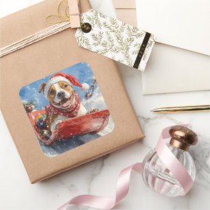 American Staffordshire in Sledge Christmas Quadratischer Aufkleber