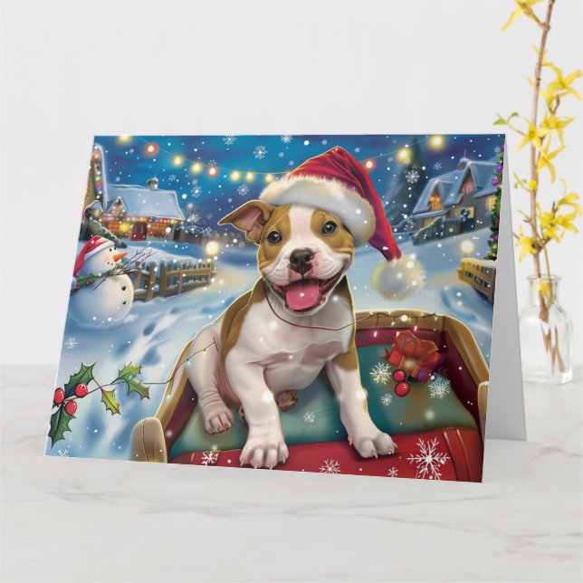 American Staffordshire in Sleigh Snow Weihnachten Karte (Gelbe Blume)