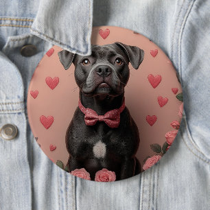 American Staffordshire mit Rosen -Valentinstag Button