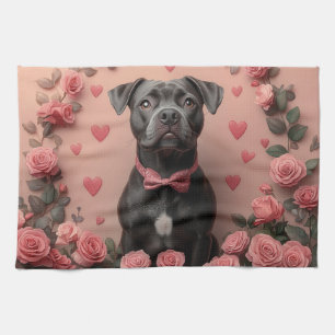 American Staffordshire mit Rosen -Valentinstag Geschirrtuch