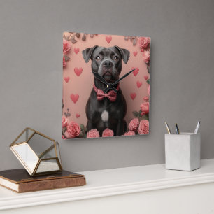 American Staffordshire mit Rosen -Valentinstag Quadratische Wanduhr
