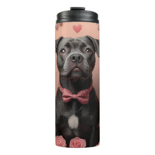 American Staffordshire mit Rosen -Valentinstag Thermosbecher