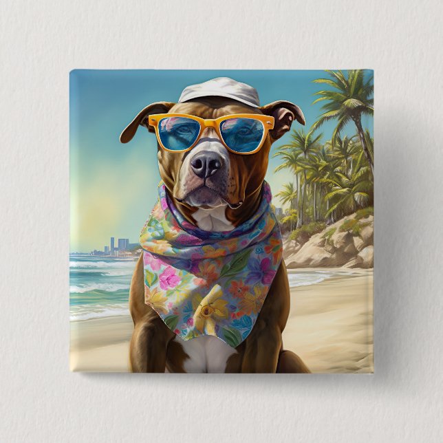 American Staffordshire on Beach, Sommergeschenk Button (Vorderseite)