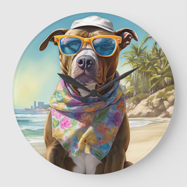 American Staffordshire on Beach, Sommergeschenk Große Wanduhr (Vorderseite)