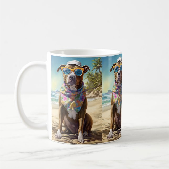 American Staffordshire on Beach, Sommergeschenk Kaffeetasse (Links)
