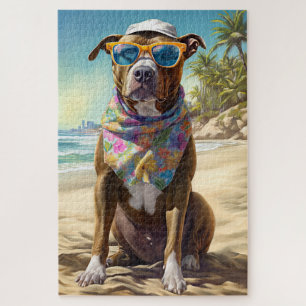 American Staffordshire on Beach, Sommergeschenk Puzzle