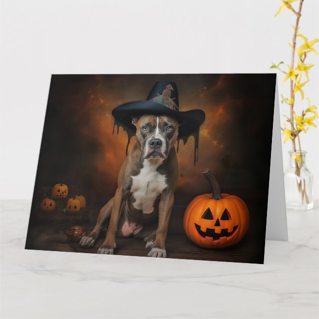 American Staffordshire Pumpkins Halloween Beängsti Karte (Gelbe Blume)