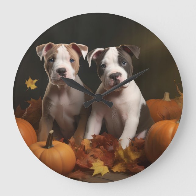 American Staffordshire Puppy Herbst Delight Große Wanduhr (Vorderseite)