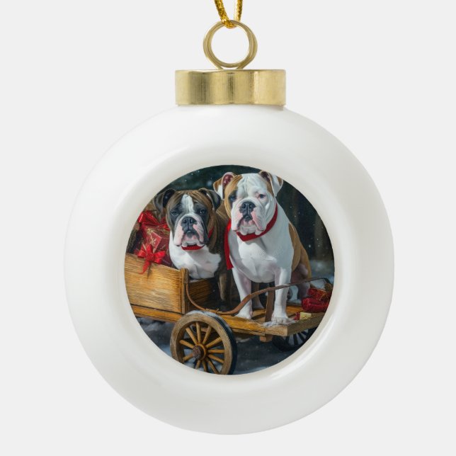 American Staffordshire Snowy Sleigh Weihnachten Keramik Kugel-Ornament (Vorderseite)
