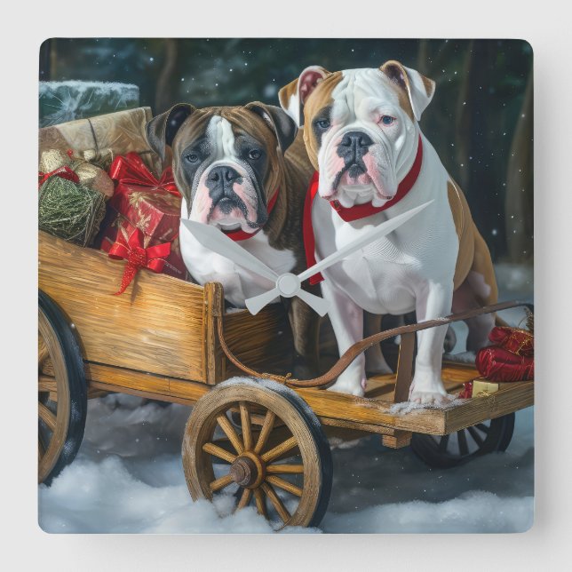 American Staffordshire Snowy Sleigh Weihnachten Quadratische Wanduhr (Vorderseite)