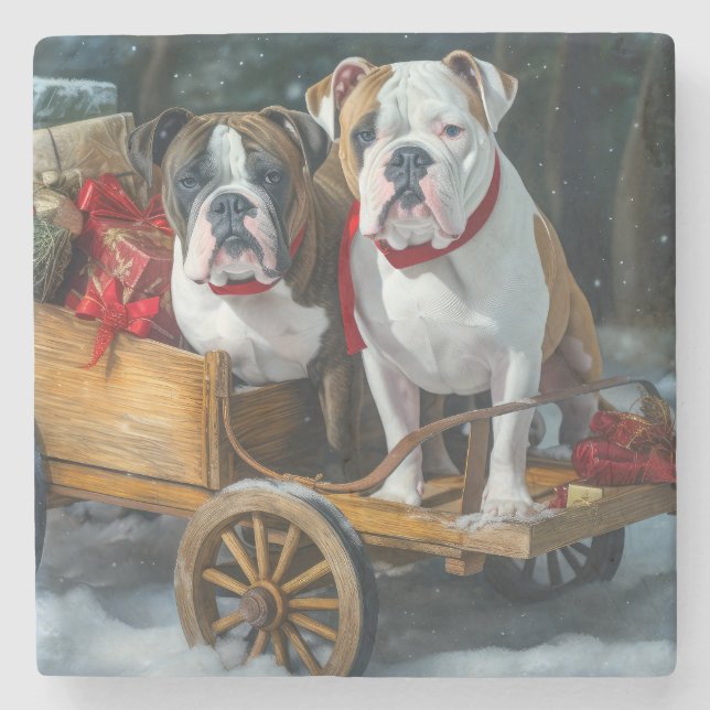 American Staffordshire Snowy Sleigh Weihnachten Steinuntersetzer (Vorderseite)