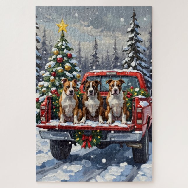 American Staffordshire Terrier Christmas Red Truck Puzzle (Vertikal)