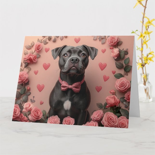 American Staffordshire with Rose - Valentinstag Karte (Gelbe Blume)