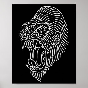 American Traditional Gorilla Head Kontur Tattoo Poster