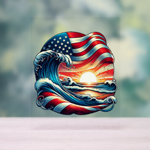 American USA Flag Beach Wave Sunset Patriotic Art Acrylschild