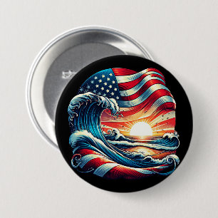 American USA Flag Beach Wave Sunset Patriotic Art Button