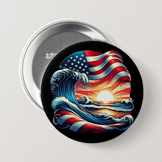American USA Flag Beach Wave Sunset Patriotic Art Button (Vorne & Hinten)