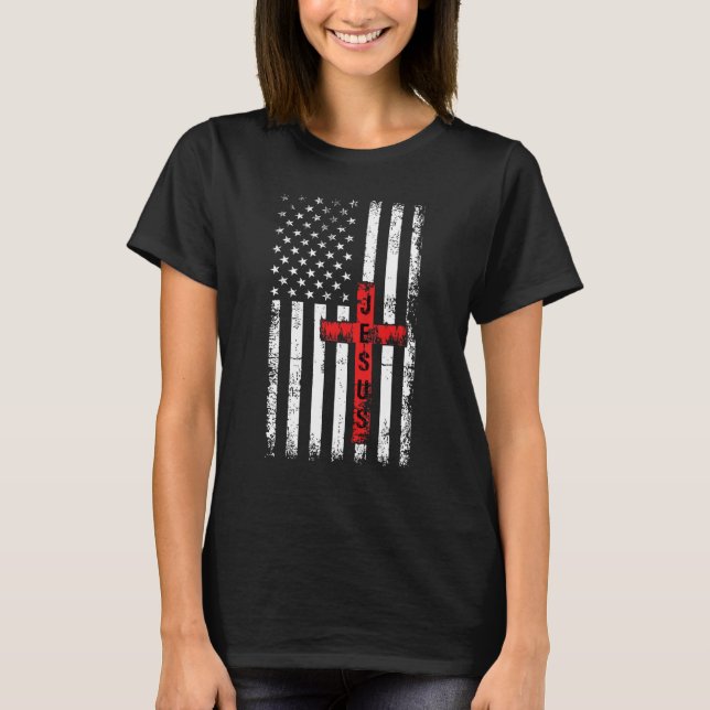 American USA Flag Christian Cross Jesus 4th Of Jul T-Shirt (Vorderseite)