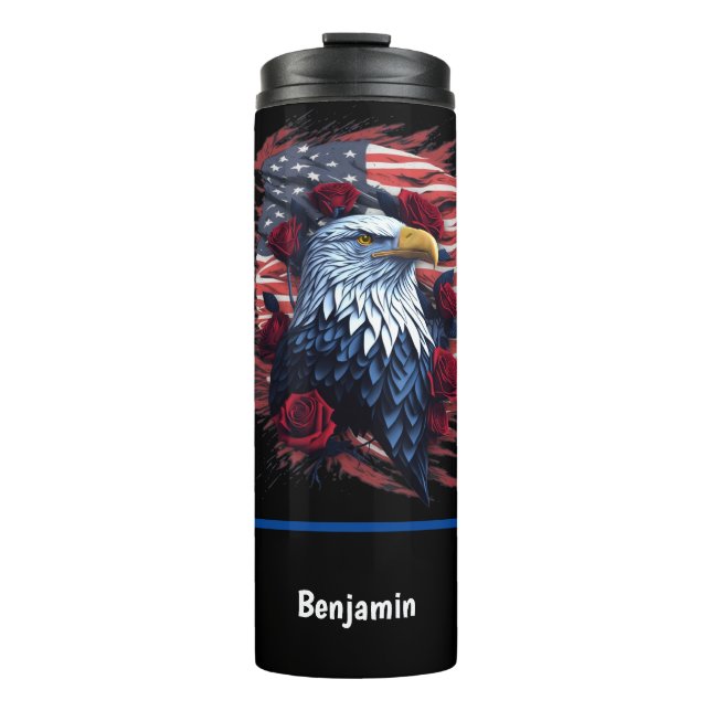 American USA Flag Eagle Rose Red White Blue Thermosbecher (Vorderseite)