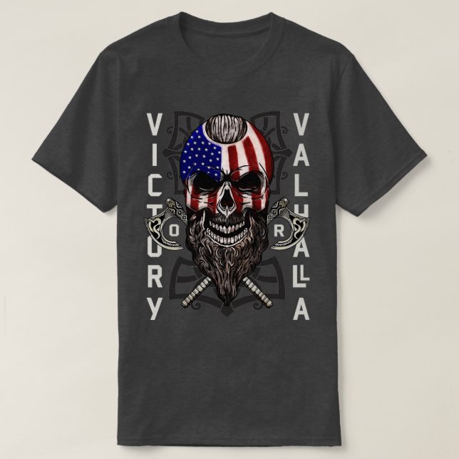 American Viking Sieg Valhalla Ax Skull Flag T-Shirt (Design vorne)