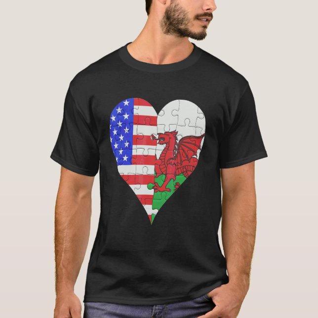 American Walish Flag Herz T-Shirt (Vorderseite)