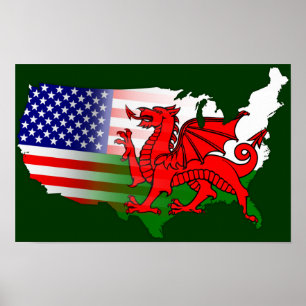 American Welsh Map Flags Poster