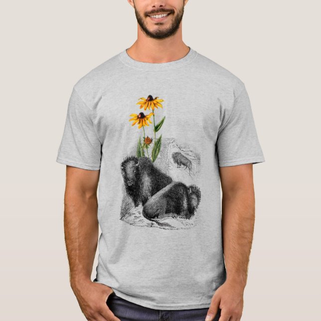 American West Western Motif Buffalo Bison Flower  T-Shirt (Vorderseite)