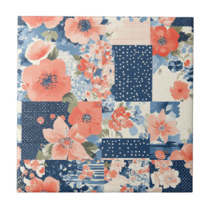 Americana Blumen-Patchwork-Quilt in Navy und Koral Fliese