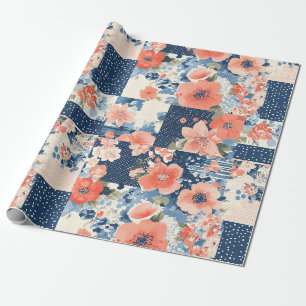 Americana Blumen-Patchwork-Quilt in Navy und Koral Geschenkpapier