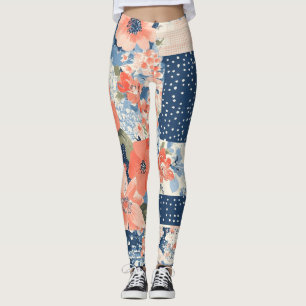 Americana Blumen-Patchwork-Quilt in Navy und Koral Leggings