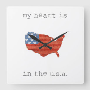 Americana   My Heart Is In The USA Map Quadratische Wanduhr