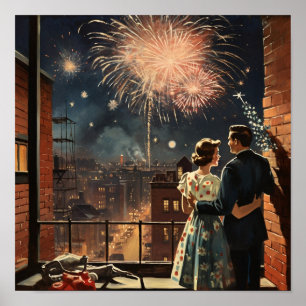 Americana Paar beim Betrachten von Feuerwerk am Ne Poster