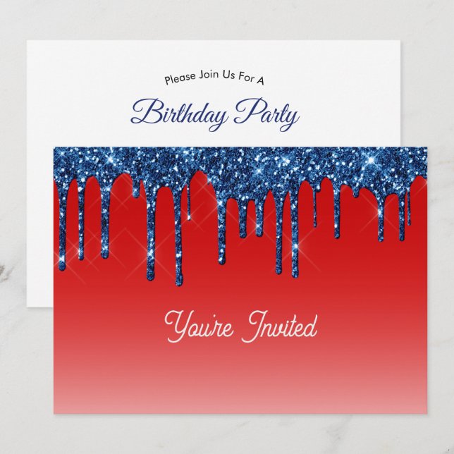 Americana Red Blue Glitter Drip Birthday Einladung (Vorne/Hinten)