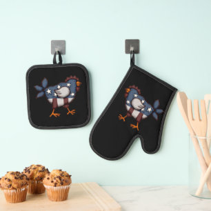Americana Red White and Blue Chicken Rooster Ofenhandschuh & Topflappen-Set