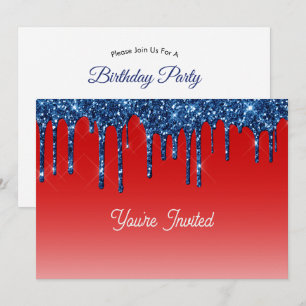 Americana Rot Blau Glitter-Tropf Geburtstag Einladung