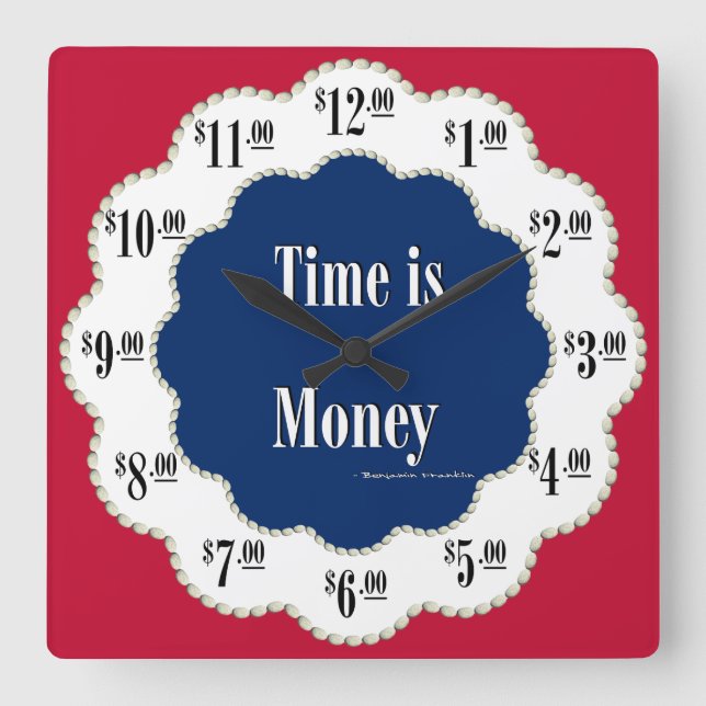 Americana Time is Money Clock Quadratische Wanduhr (Vorderseite)