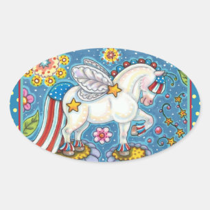 AMERICANA WHIMSYNICKER PATRIOTIC PONY Niedlich Fan Ovaler Aufkleber