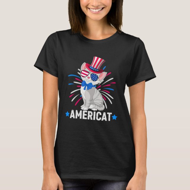 Americat Kids 4th of July Gray Cat American Flag F T-Shirt (Vorderseite)