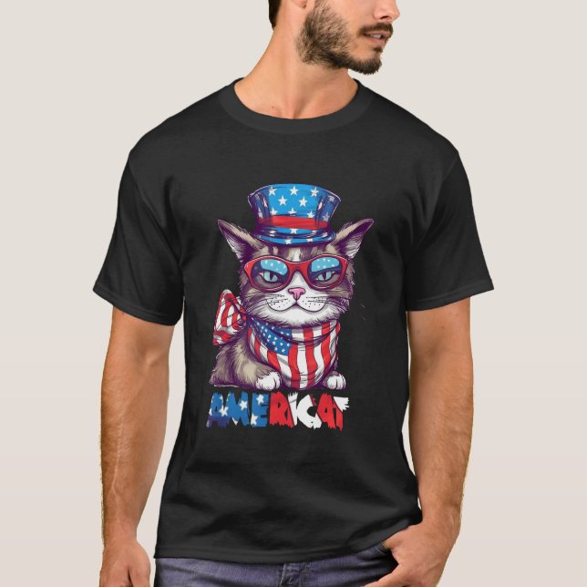 Americat USA Cute Cat  4th of July Men Women T-Shirt (Vorderseite)