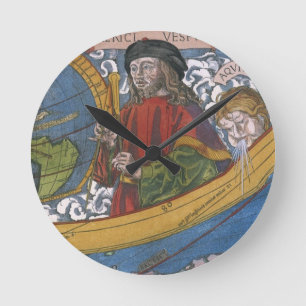 Amerigo Vespucci Entdecker auf einer Karte Amerika Runde Wanduhr