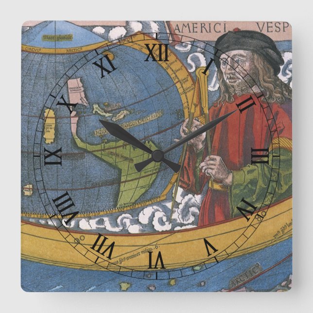 Amerigo Vespucci Explorer auf einer Karte von Amer Quadratische Wanduhr (Vorderseite)