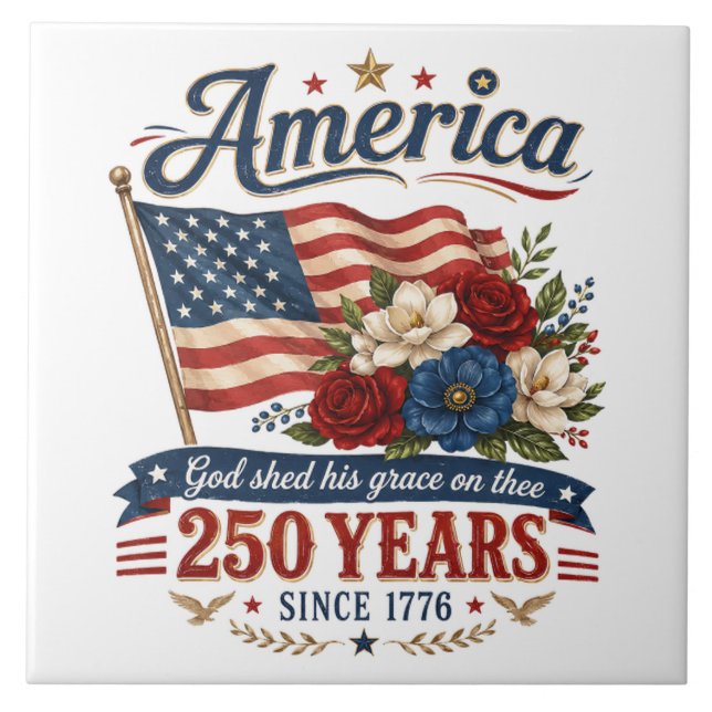 Amerika 250 Jahre Florale Flagge Fliese (Vorderseite)