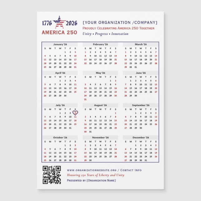 Amerika 250 Patriotic 2026 Calendar Keepake Magnetkarte (Vorderseite)